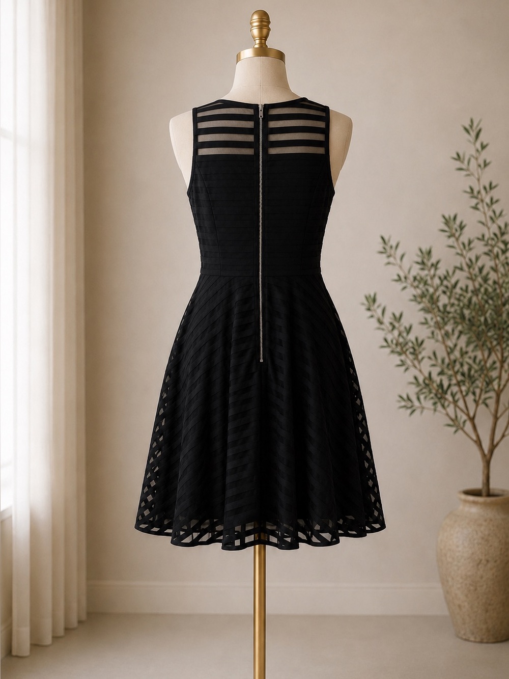 NWT Piperlime Collection Black Fit Flare Mesh Stripe Dress Size S Cocktail - Picture 3 of 6